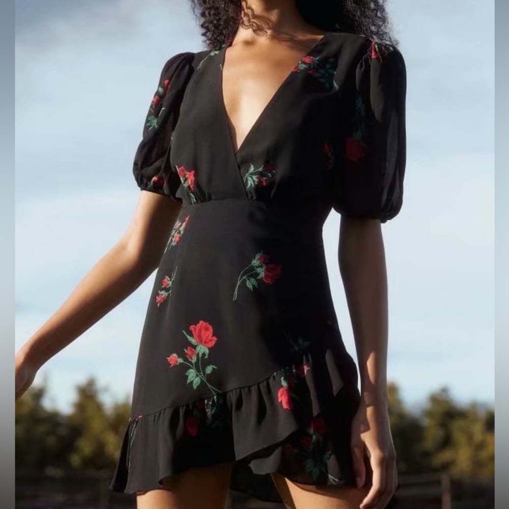 reformation black red floral mini dress v neck plunge ruffle puff sleeve 0
